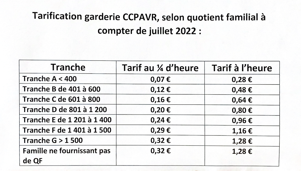 tarification garderie