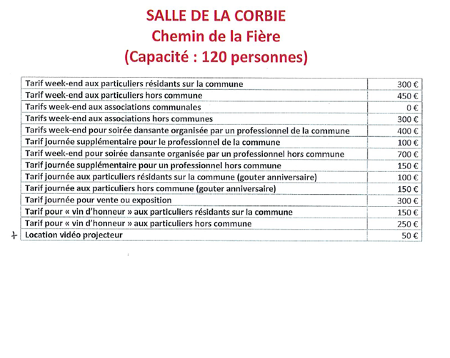 tarifs salle de la corbie
